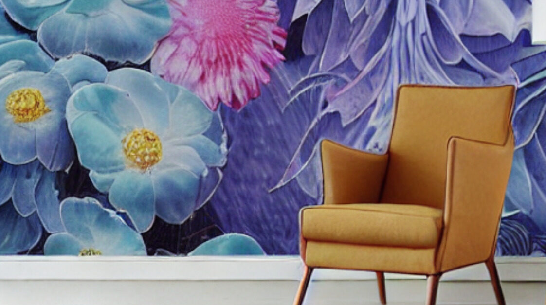 vibrant colored floral wallpaper mural behind caramel colored chair - featured image